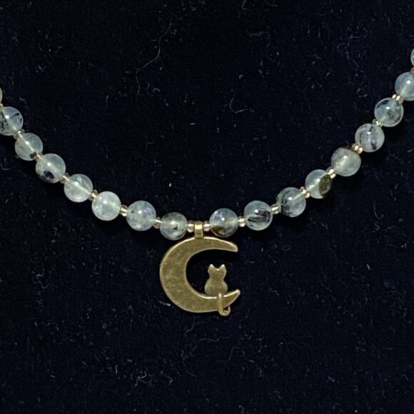 Genuine Prehnite Bronze Cat on the Moon Necklace, Gemstone Beaded Necklace - Picture 3 of 11